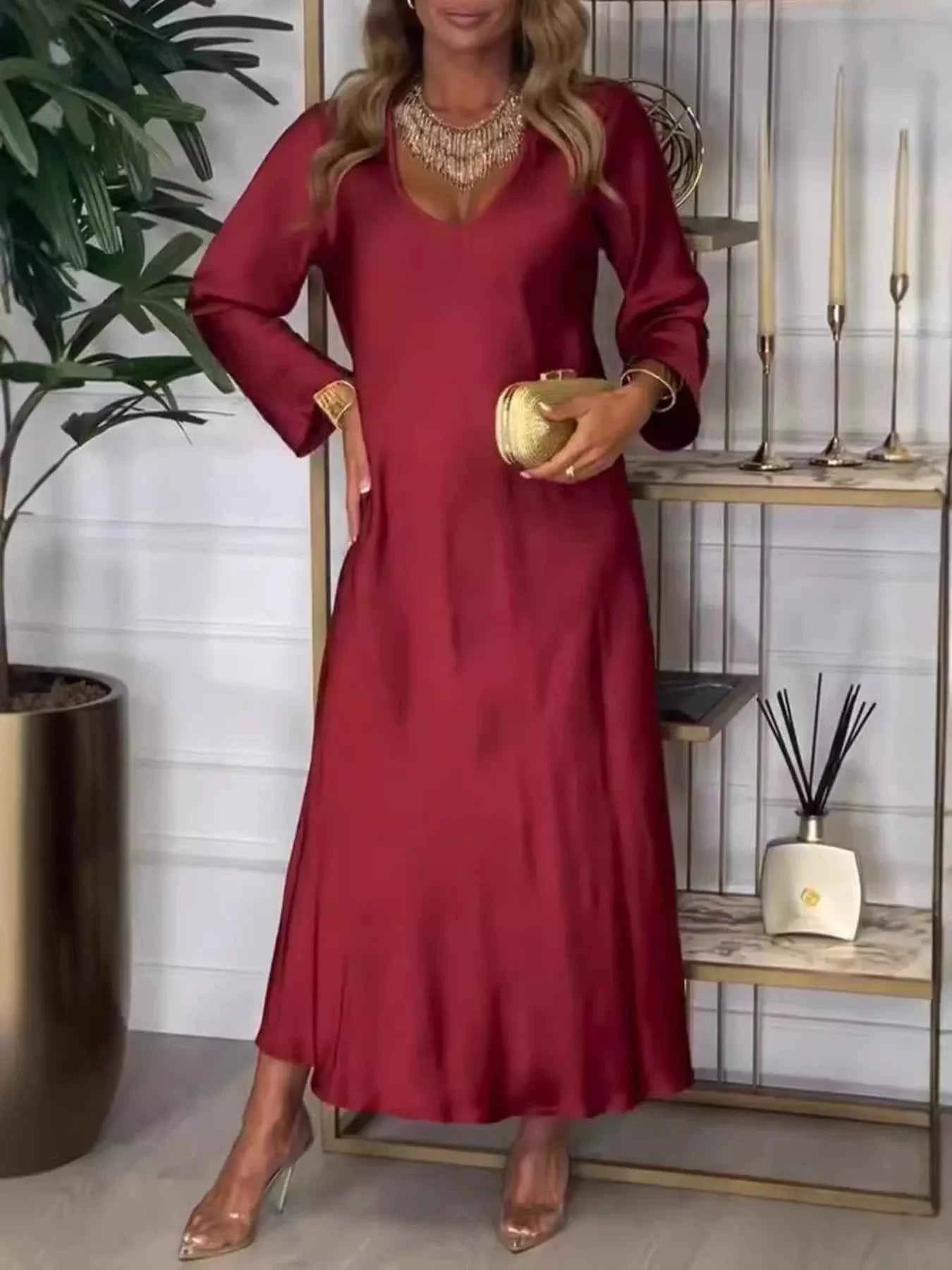 Full Size V-Neck Long Sleeve Midi Dress Plus Size Dark Red 9dbc270434684dc895ddd6477c4b2c24-Max-Origin