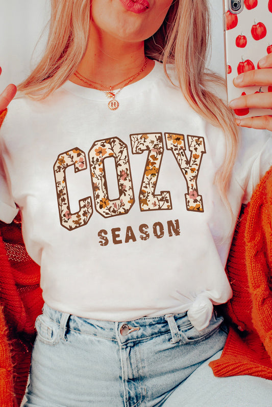 White COZY SEASON Floral Cracking Letter Heat Transfer Printing Graphic Tee White 62%Polyester+32%Cotton+6%Elastane 9dc3312a83af5ce4
