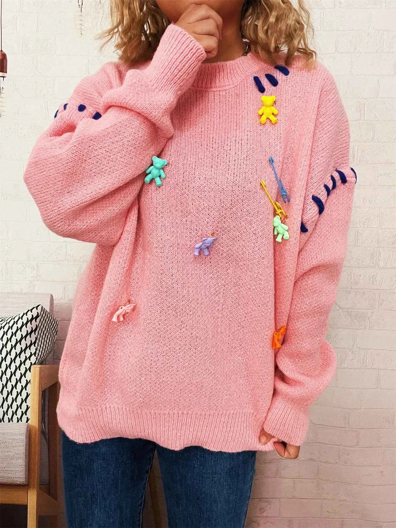 Bear Decoration Round Neck Sweater 9dc73acf240e4287b51ae8bcdc388e4e-Max-Origin
