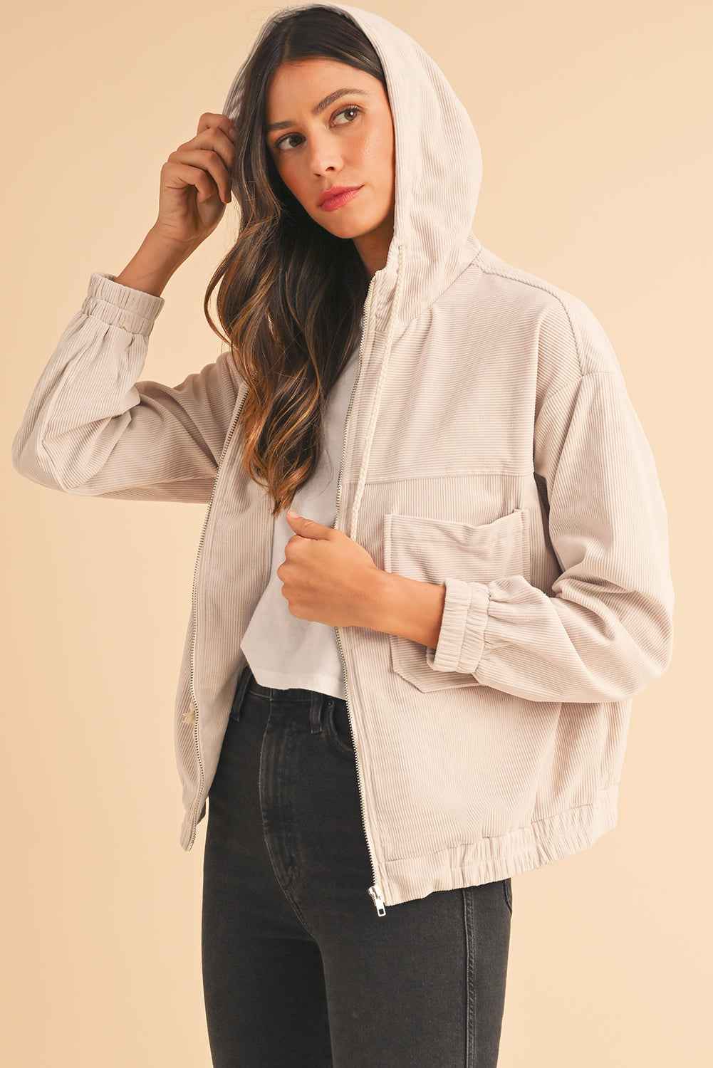 Real Teal Corduroy Drawstring Hooded Pocket Zip Up Jacket 9dda1ac1e1357808