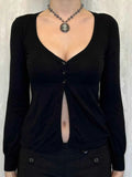 Long Sleeve V-Neck Button Front Cardigan Black 9dda656b646a419781c58914614fa1da-Max-Origin