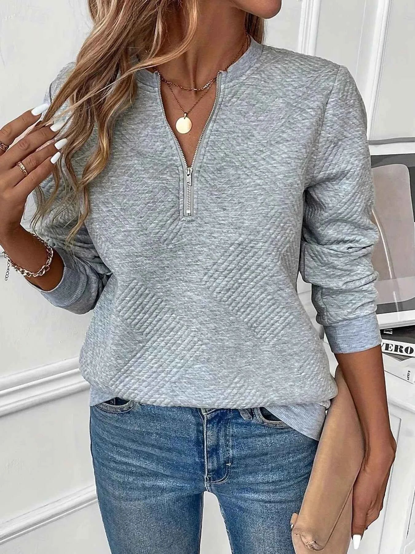 Quarter Zip Textured Long Sleeve Sweatshirt 9de485985ed7477bbf7750c3cd0d370e-Max-Origin