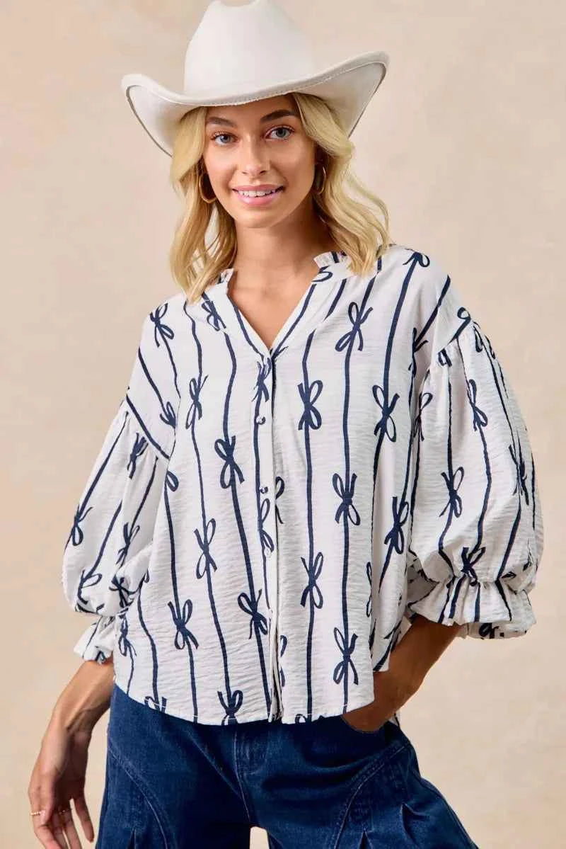 Bow Ribbon Printed Woven Bubble Sleeves Top 9de73d5272f544deb315b87ba604d29c-Max-Origin