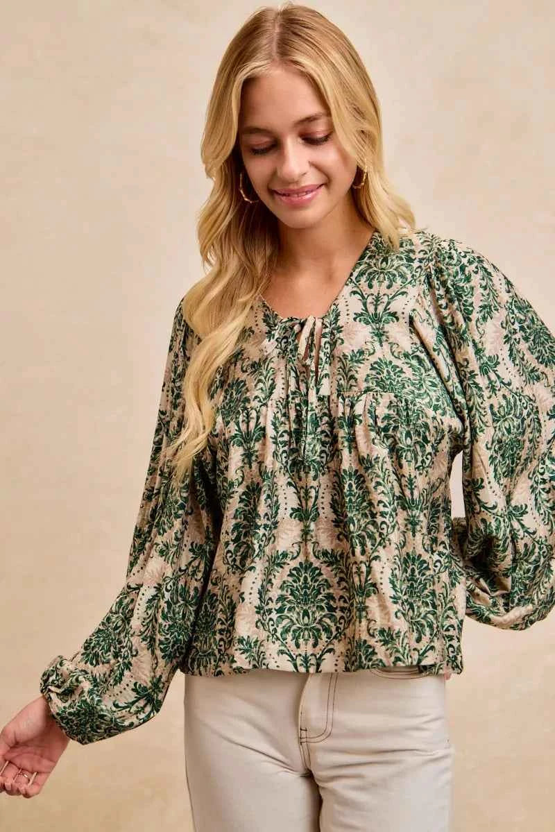 BiBi Printed Woven Front Tied Blouse with Baloon Sleeve 9de811c720394be4b51f86f37cc81012-Max-Origin