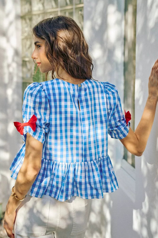 4th Of July Gingham Ribbon Detail Short Sleeves Blouse 9de8ef49-3395-4633-b43c-dd7016be1cba-Max-Origin