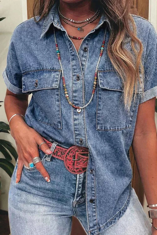 Button Flap Pocket Cuffed Short Sleeve Denim Shacket