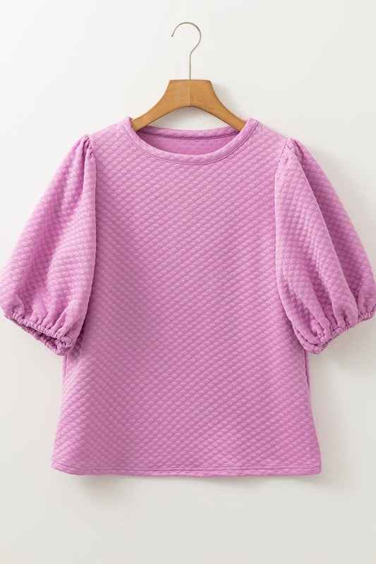 Solid Textured Round Neck Puff Sleeve Blouse 9df1e9c0-8e17-479b-8e7b-4e9ddd25a8e1