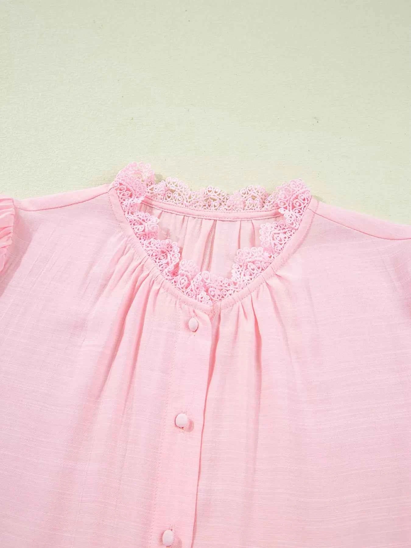 Lace Patchwork Edge Collarless Button Up Shirt 9df951aef0254fdf840475c2d458e858-Max-Origin