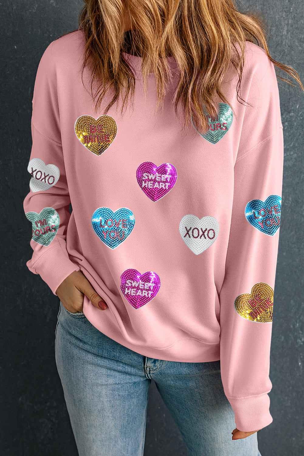 Pink Sequin Romantic Sweet Heart Graphic Valentines Sweatshirt 9dfd66335eccbffc