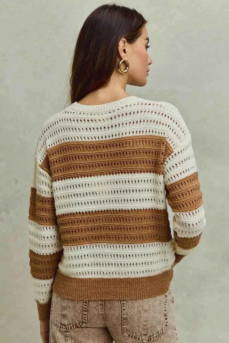 SO ME Openwork Round Neck Wide Stripe Textured Sweater 9dff401d14144a228b4d4085ecae9f7a-Max-Origin