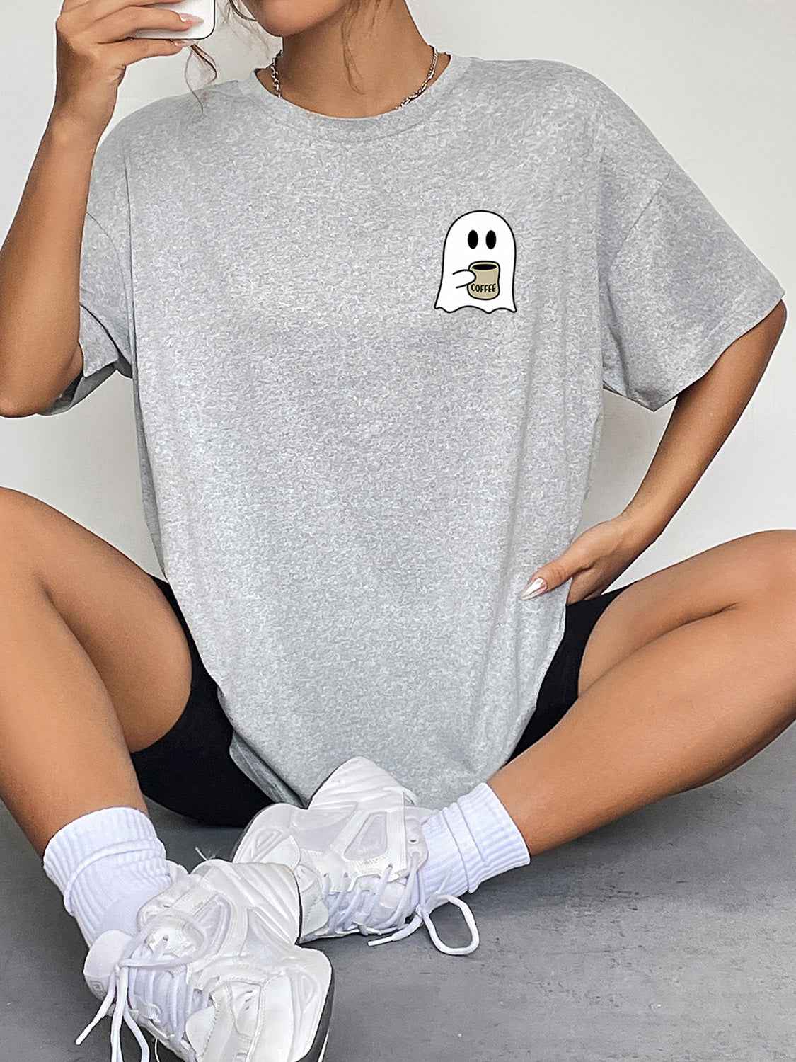 Round Neck Short Sleeve Ghost Graphic T-Shirt Cloudy Blue 9e05ffb4a438465989886bf911404a51-Max