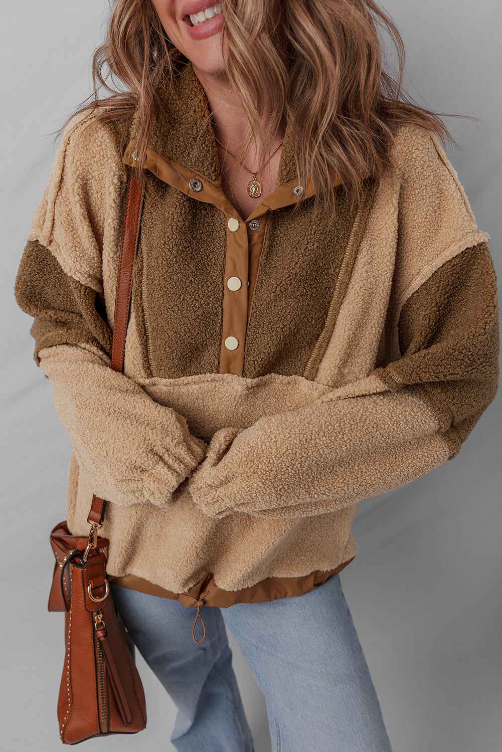 Straw Yellow 2-tone Color Block Patchwork Half Button Sherpa Sweatshirt 9e06558fc129a46e