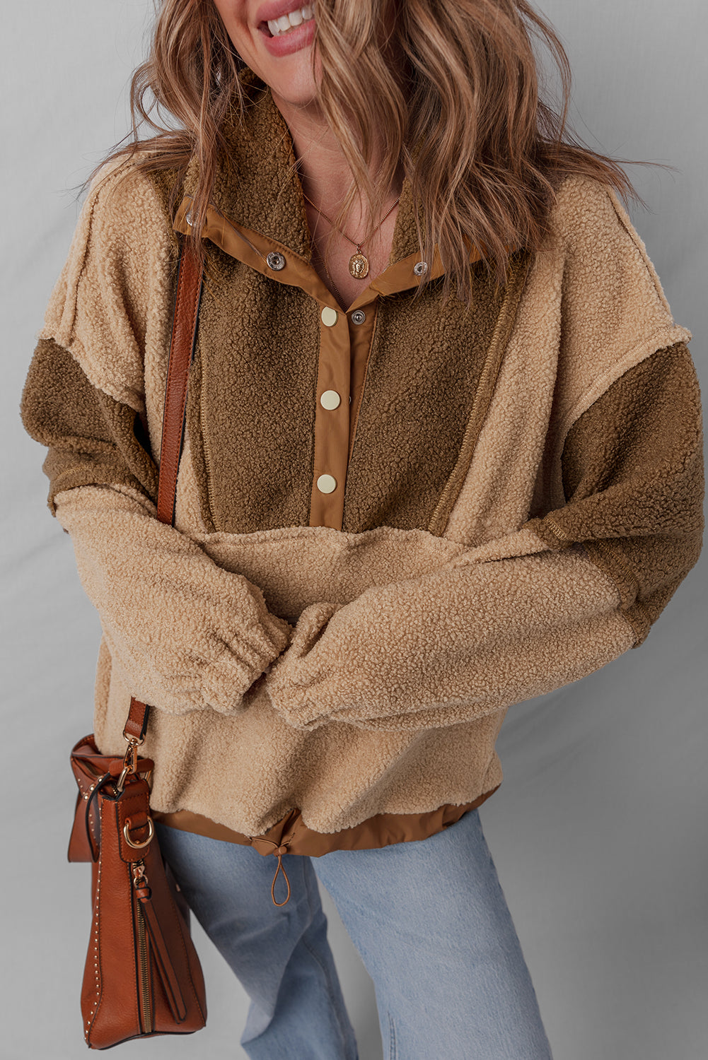 Straw Yellow 2-tone Color Block Patchwork Half Button Sherpa Sweatshirt 9e06558fc129a46e_4bd237b5-4177-49d0-9ec1-932ab644f286