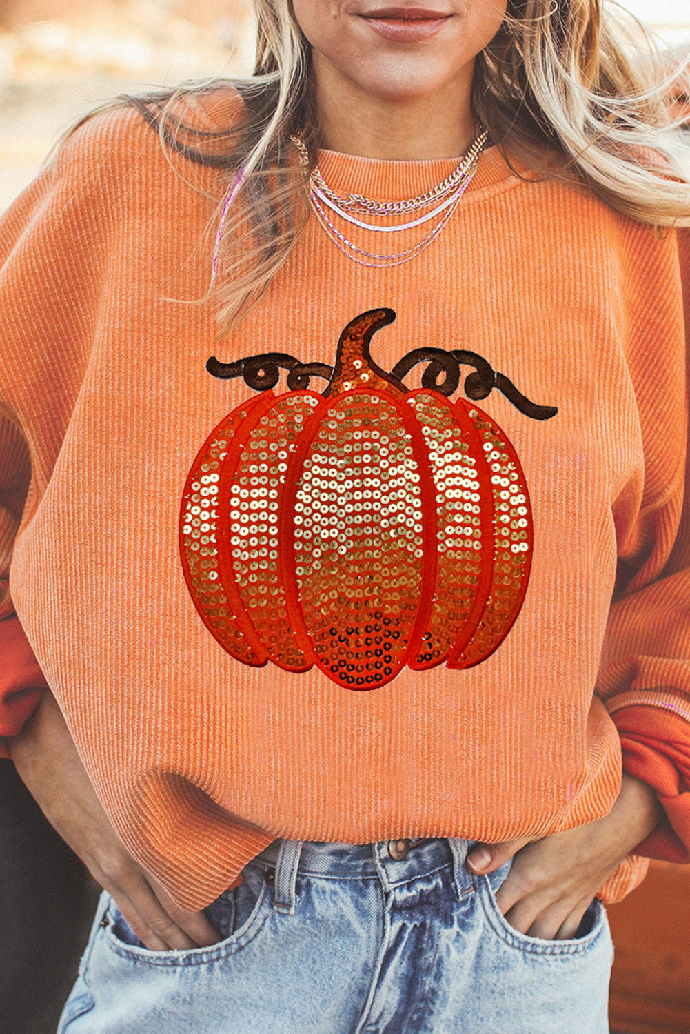 Orange Crinkle Ribbed Halloween Sequin Pumpkin Graphic Sweatshirt 9e0905e5481fda90