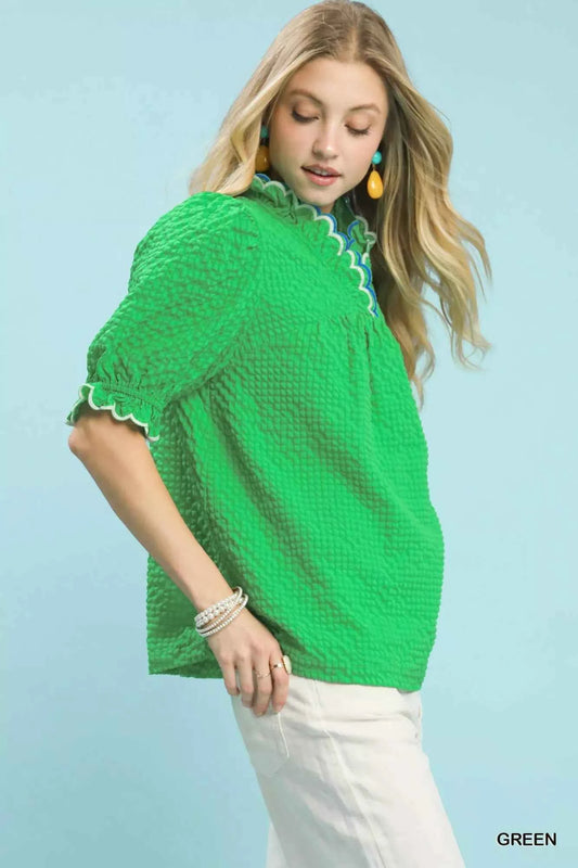 Textured Puff Sleeve Top with Scalloped Trim 9e0cb447-4a0b-40b1-8ff7-240e3f2e21ca-Max-Origin