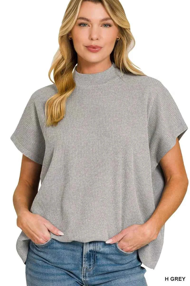 Zenana Viscose Mock Neck Short Sleeve Boxy Sweater H GREY 9e1723811fe84c248ae5ebad9d9c357d-Max-Origin