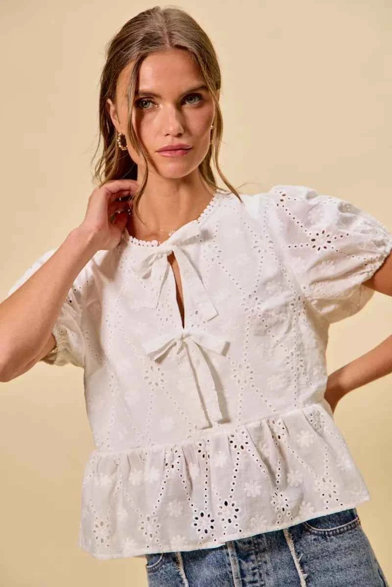 SO ME Cotton Eyelet Front Tie Short Sleeves Blouse 9e1a606231174e368ecafcb055aa55e4-Max-Origin