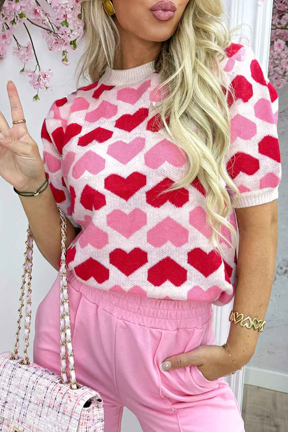 Sachet Pink Colorblock Heart Pattern Knit Top Sachet Pink 52%Viscose+26%Polyester+22%Polyamide 9e1aa87c2154d30f