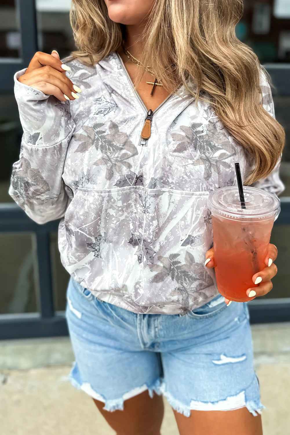 Gray Camo Leaf Print Kangaroo Pocket Quarter Zip Hoodie Gray 100%Polyester 9e1b210f596d4db6