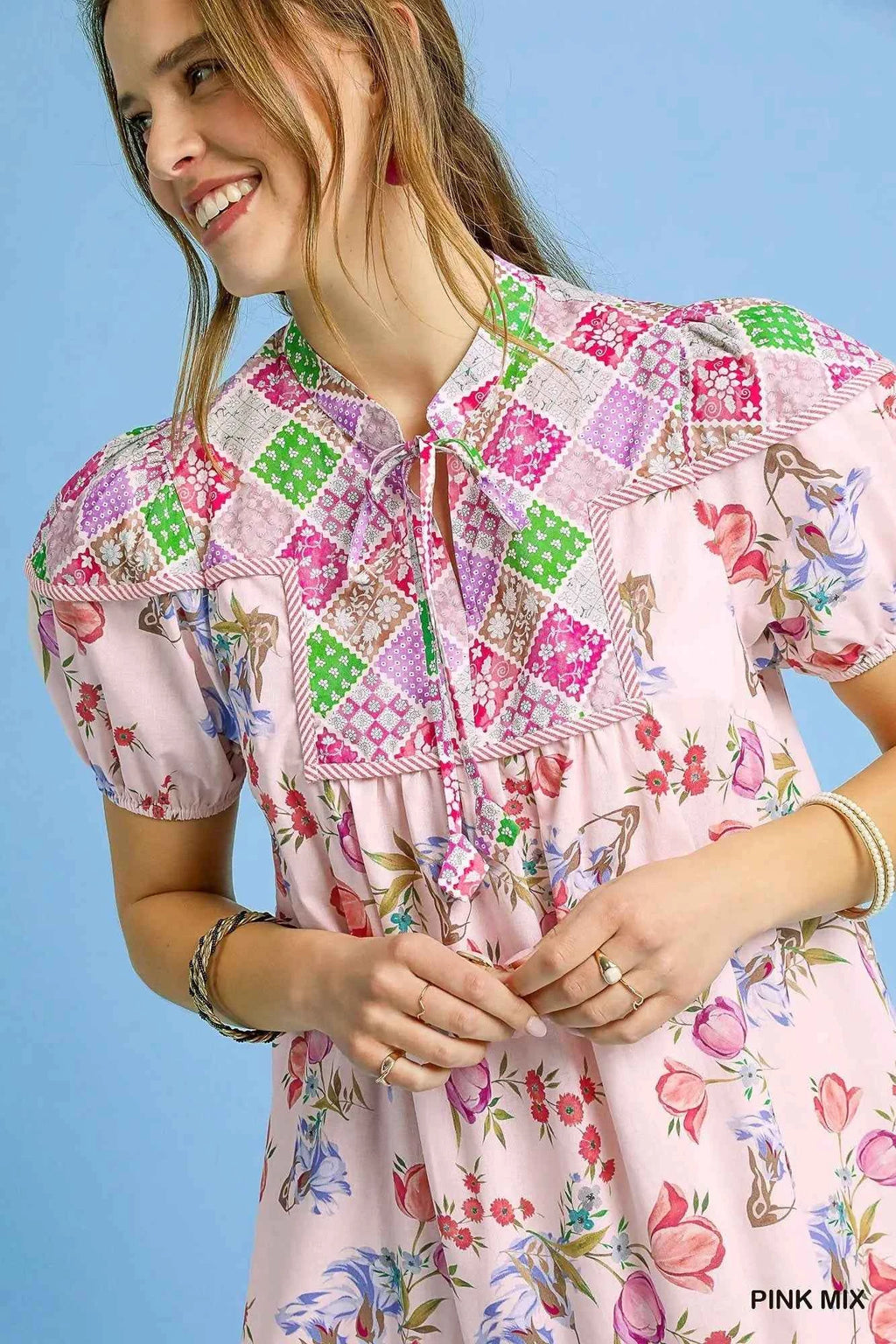 Umgee Floral Print Tie Neck Puff Sleeve Dress Pink 9e1df0c5-375b-419e-885b-ebb3073d0a24-Max-Origin