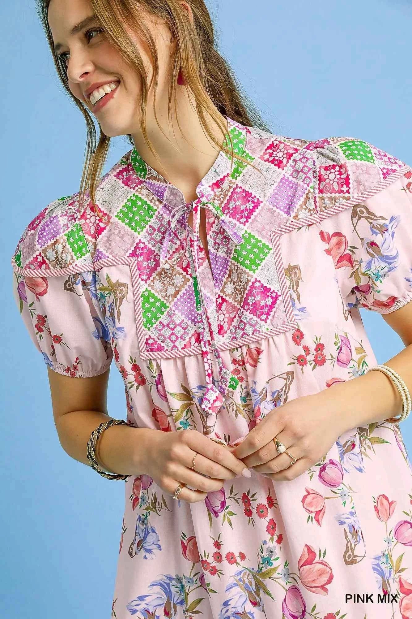 Umgee Floral Print Tie Neck Puff Sleeve Dress Pink 9e1df0c5-375b-419e-885b-ebb3073d0a24-Max-Origin