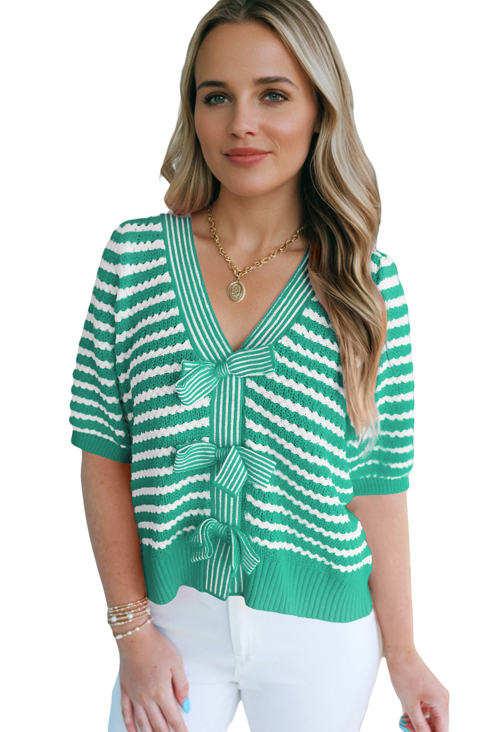 Green Stripe Short Sleeve Knit V Neck Bow Knot Sweater 9e1e5074cd9693c2