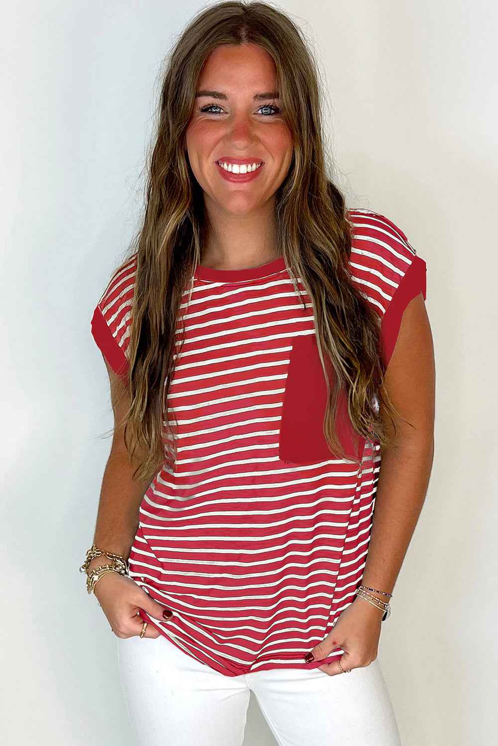 Red Stripe Chest Pocket Patch Round Neck Sleeveless Tee 9e209bbf1c79d18f