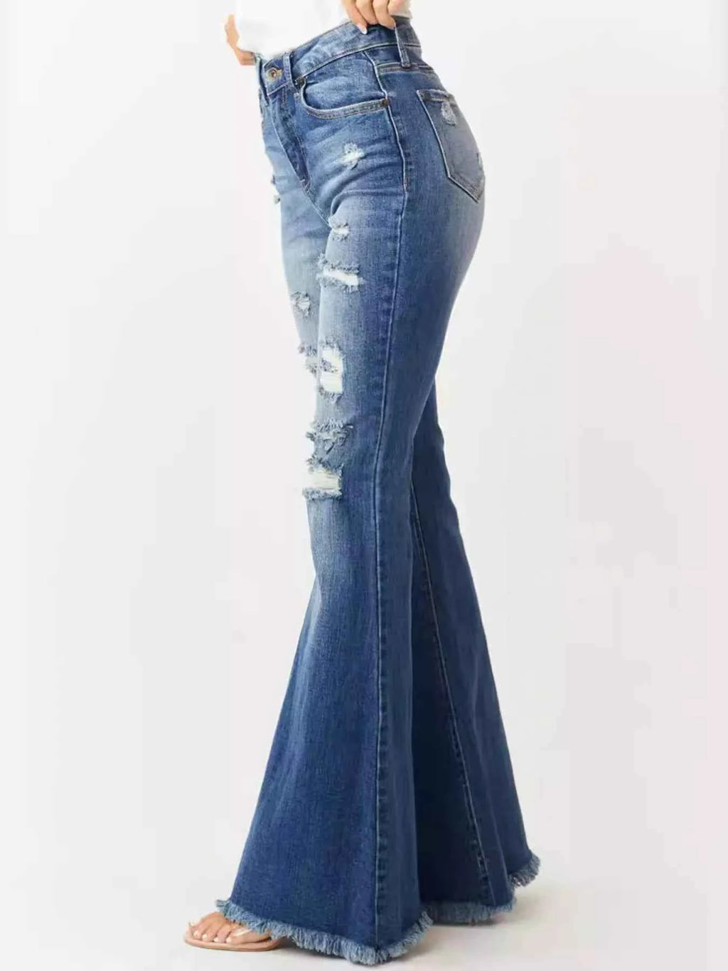 Distressed Raw Hem High-Waisted Flare Jeans 9e2275da177c43b0a530ee3426f96644-Max-Origin