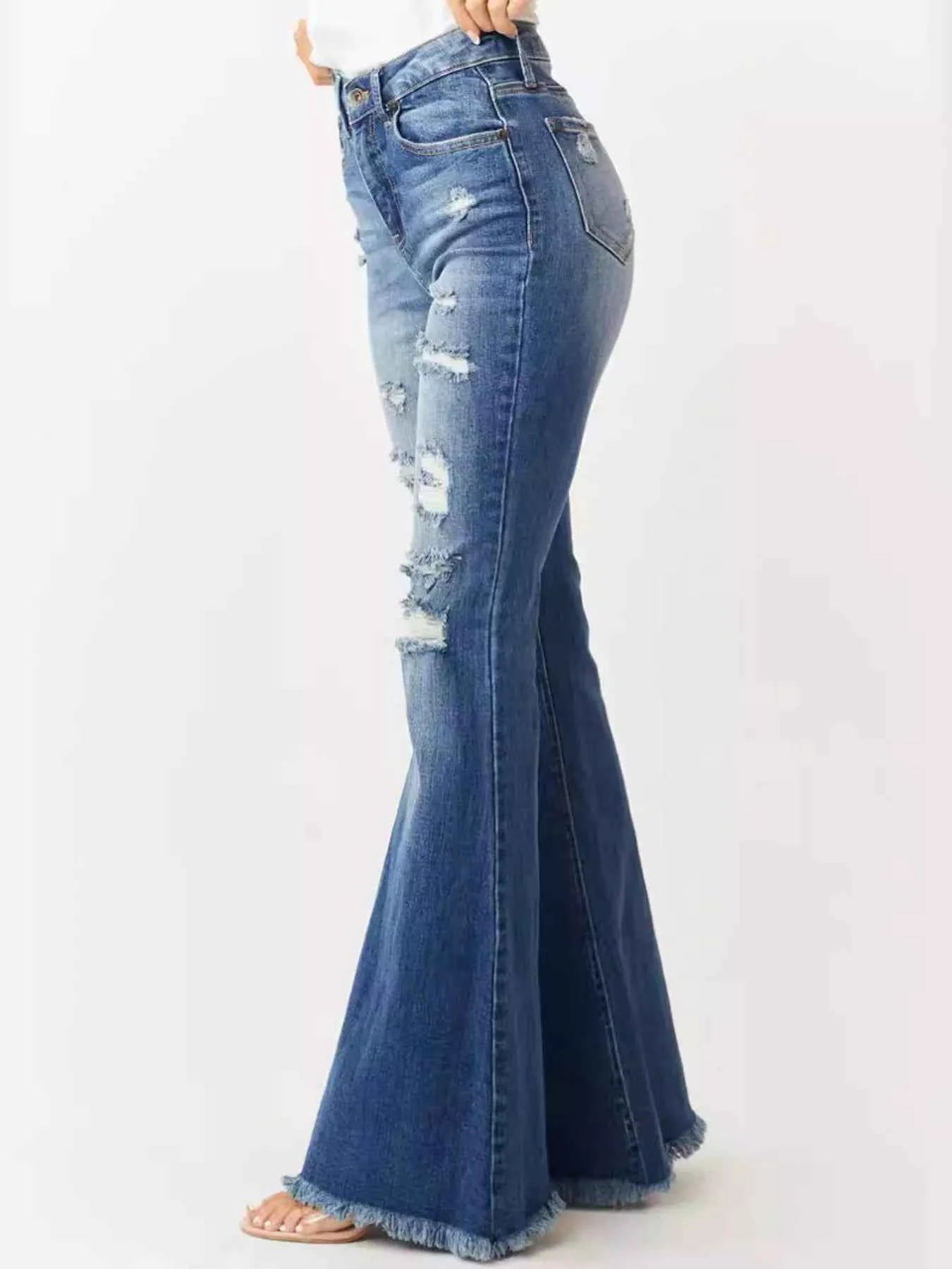 Distressed Raw Hem High-Waisted Flare Jeans 9e2275da177c43b0a530ee3426f96644-Max-Origin