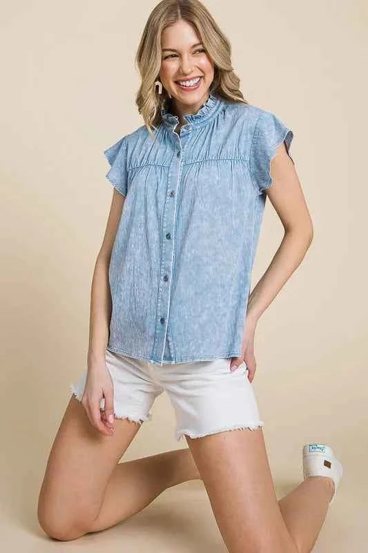 Lime 'N' Chili Mineral Wash Flutter Sleeve Button Down Shirt LT DENIM 9e234503-fa3d-4724-a713-9cb40d3dbbca-Max