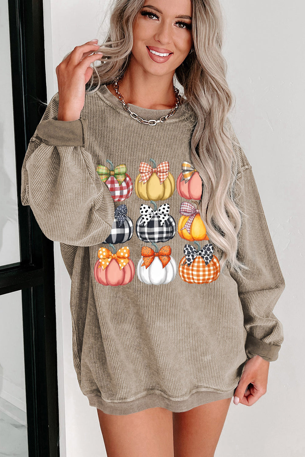 Khaki Trendy Textured Bow Pumpkin Heat Transfer Printing Graphic Baggy Sweatshirt 9e23b508b8c55ecd