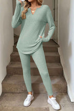 Racing Red Ribbed Notched Neck Knit Long Sleeve Leggings Two Pieces Lounge Set 9e27a1e70fbc9a62