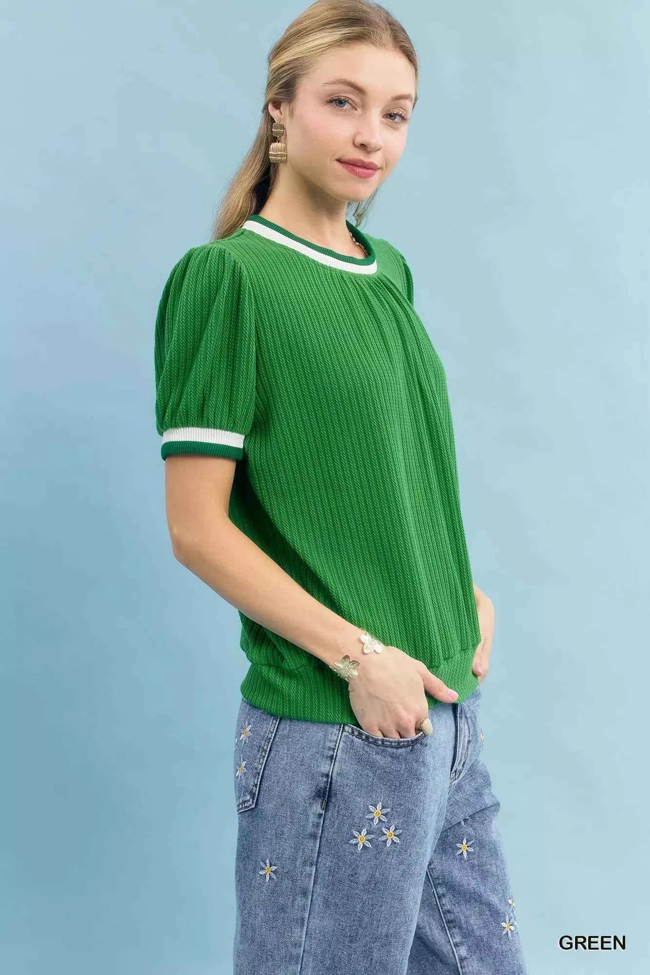Umgee Puff Sleeve Knit Top with Contrast Rib Trim
