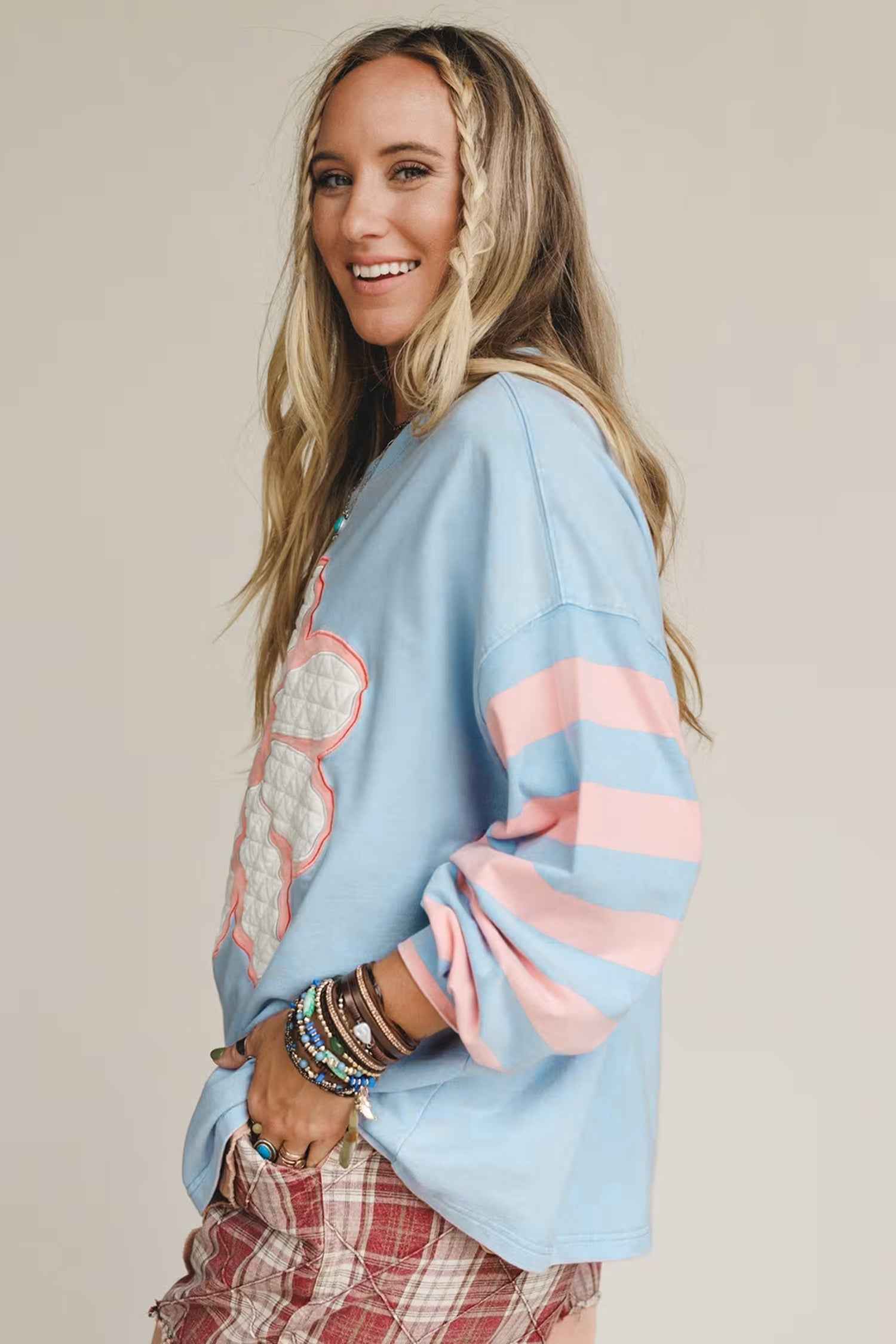 Beau Blue Big Flower Patch Drop Shoulder Striped Long Sleeve Top 9e2b5c22ef64049c