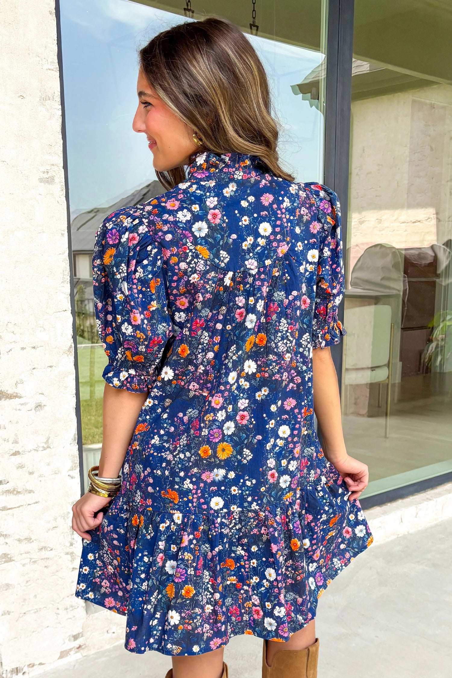 Blue Wild Daisy Floral Split Neck Short Puff Sleeve Mini Dress 9e35ab161bcee737