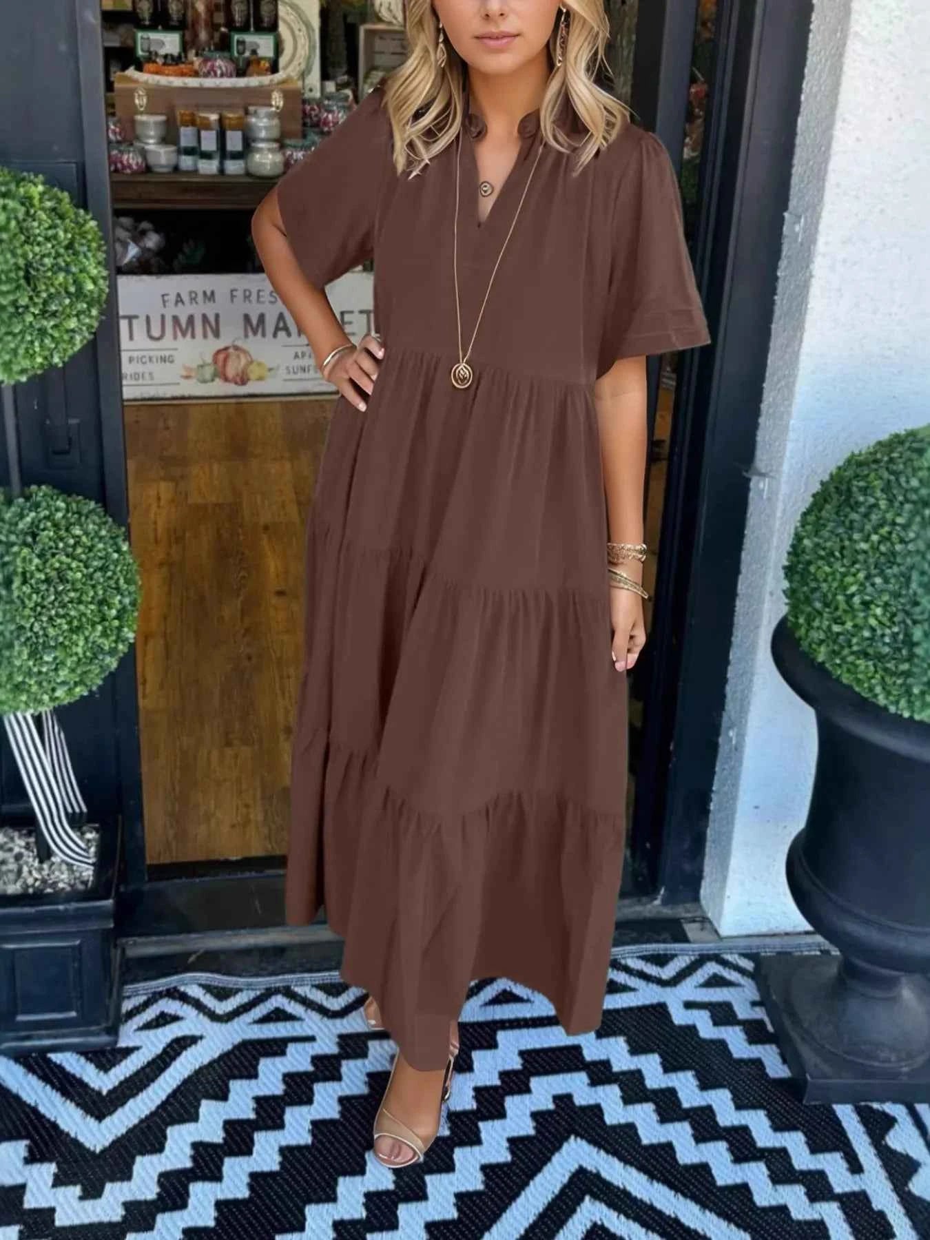 Short Sleeve Tiered Midi Shirt Dress Dark Brown 9e378232-1da6-4246-8a58-4b6cc35b8035-Max-Origin