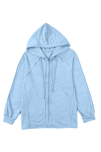 Exposed Seam Zip Up Long Sleeve Drawstring Hoodie