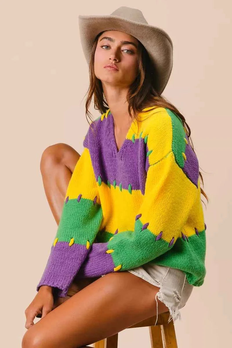 BiBi Stitch Detail Mardi Gras Stripes Sweater 9e38fcb8b4bb4a88bbf1468bc55d7c5b-Max-Origin