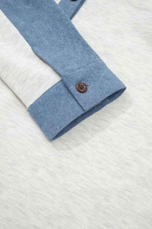 Denim Patchwork Polo Collar Long Sleeve Top 9e398293-3a47-4dc1-8016-67510d664a25