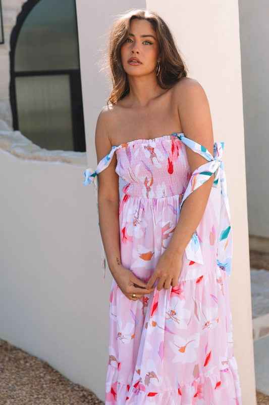 Floral Knotted Shoulder Smocked Maxi Dress 9e3b0d5a-f9f4-4c31-8ad4-7c25265bb8b5
