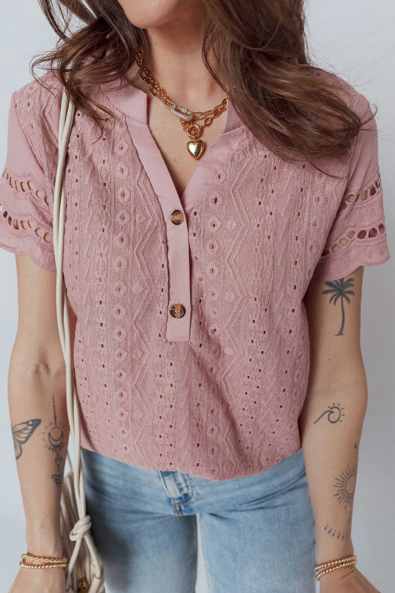 Fushia Textured Embroidered Half Buttons Short Sleeve Blouse 9e3c0cd8972c63c6