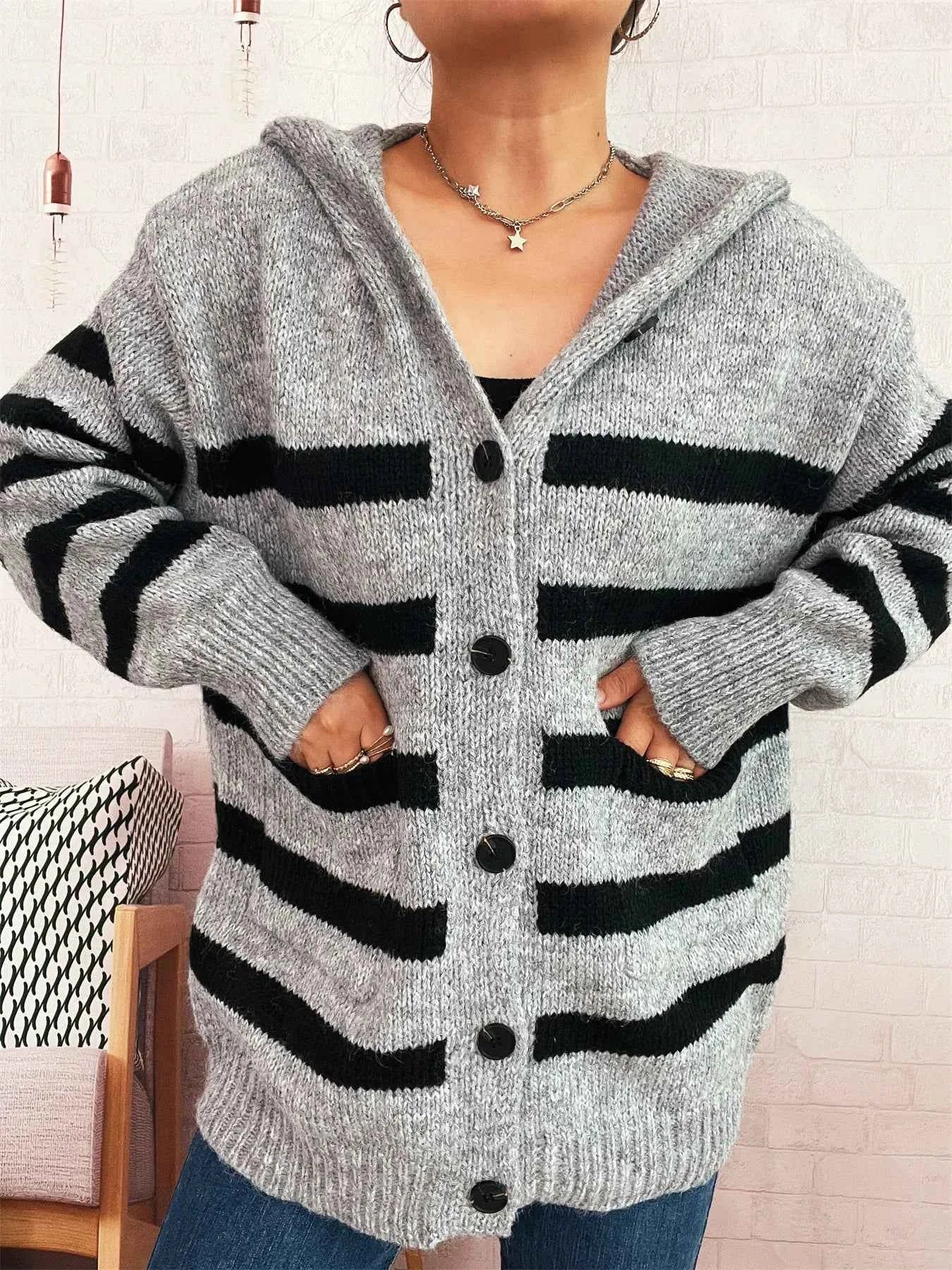 Striped Button-Up Hooded Cardigan Gray One Size 9e45a4f5bd9a406a96456d11ff870b8a-Max-Origin