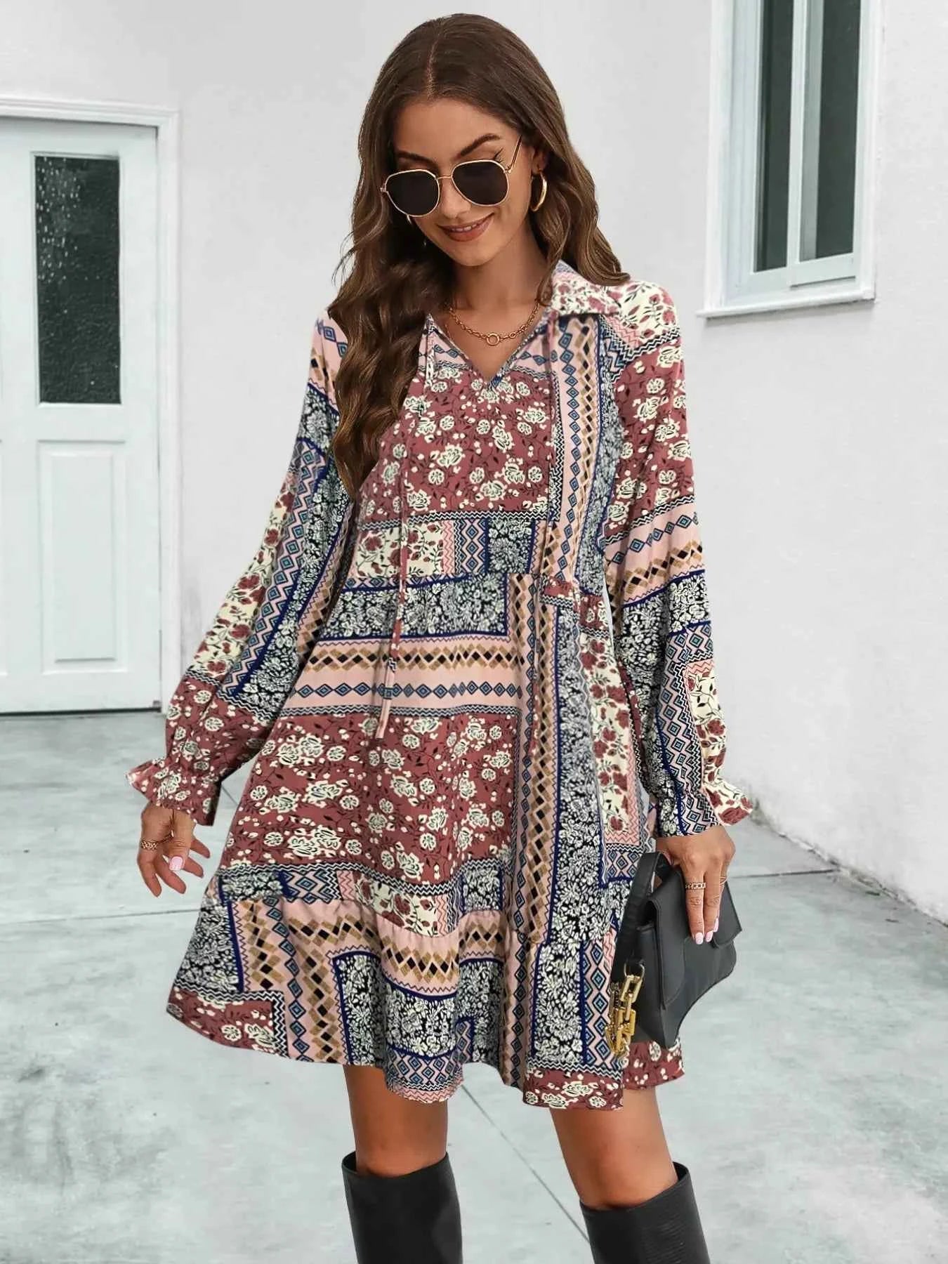 Boho Floral Print Long Sleeve Mini Dress 9e4a1309-5bcf-45ca-9040-7f8f52729105-Max-Origin