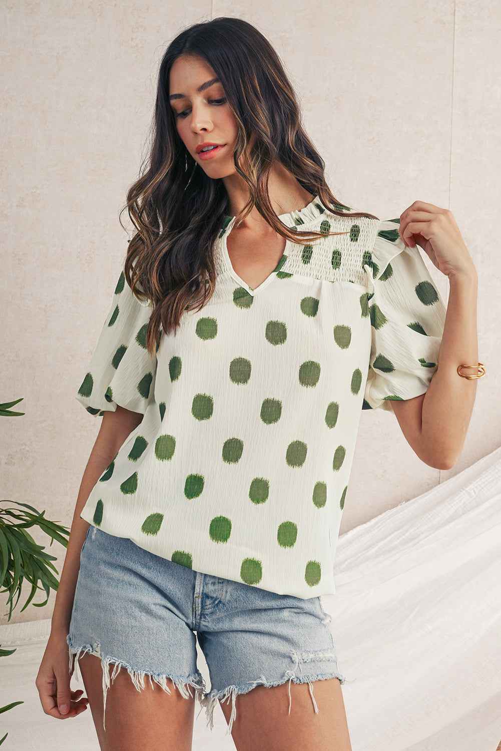 Rose Polka Dot Print Shirred Notched Neck Puff Sleeve Blouse 9e4a13eaf739283e
