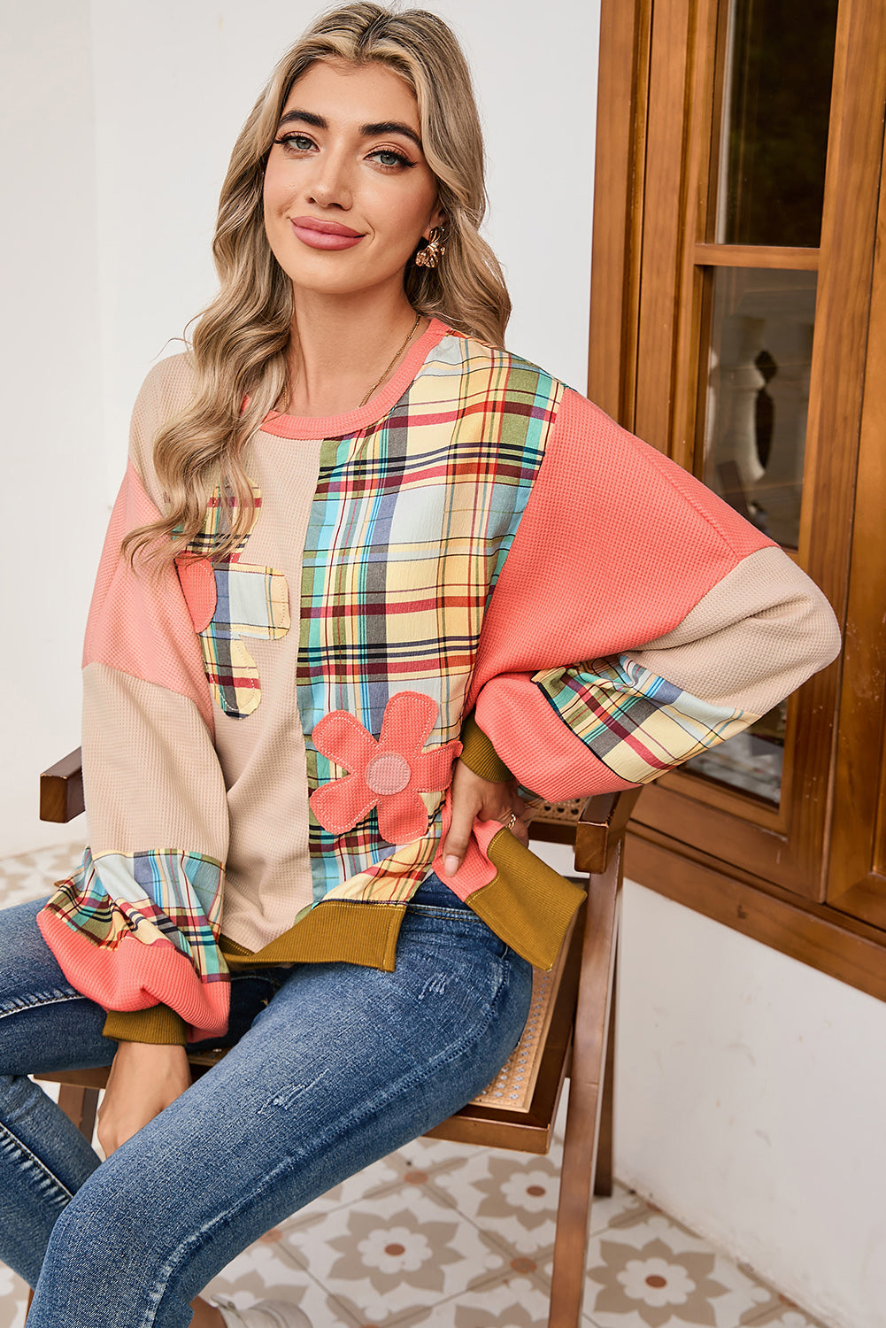 Multicolor Plaid Flower Patchwork Waffle Drop Shoulder Loose Top 9e4d895eb2cc9dfa
