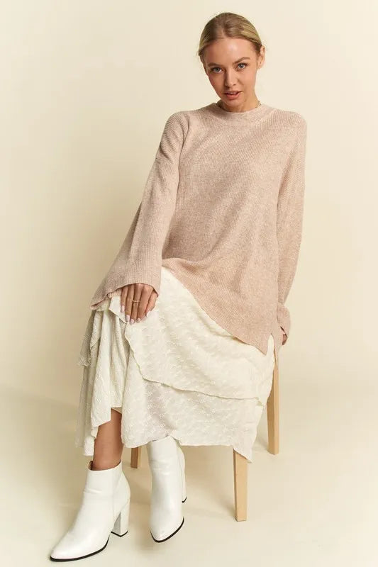 Davi & Dani High-Low Round Neck Drop Shoulder Sweater 9e4f88a2-c5b6-4ad4-964e-f240f07ee0f0-Max
