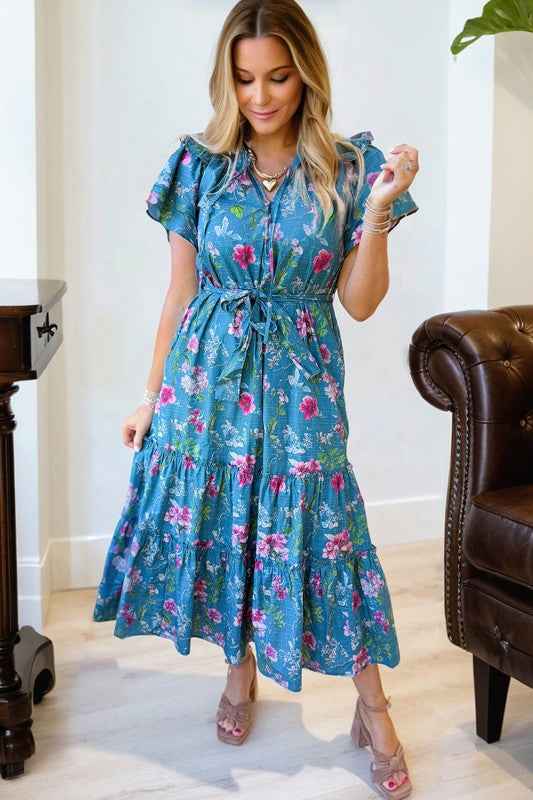 Floral Flutter Sleeve Tie Neck Belted Midi Dress 9e4ffde5-e61e-41c1-9e95-6147cebd0f73
