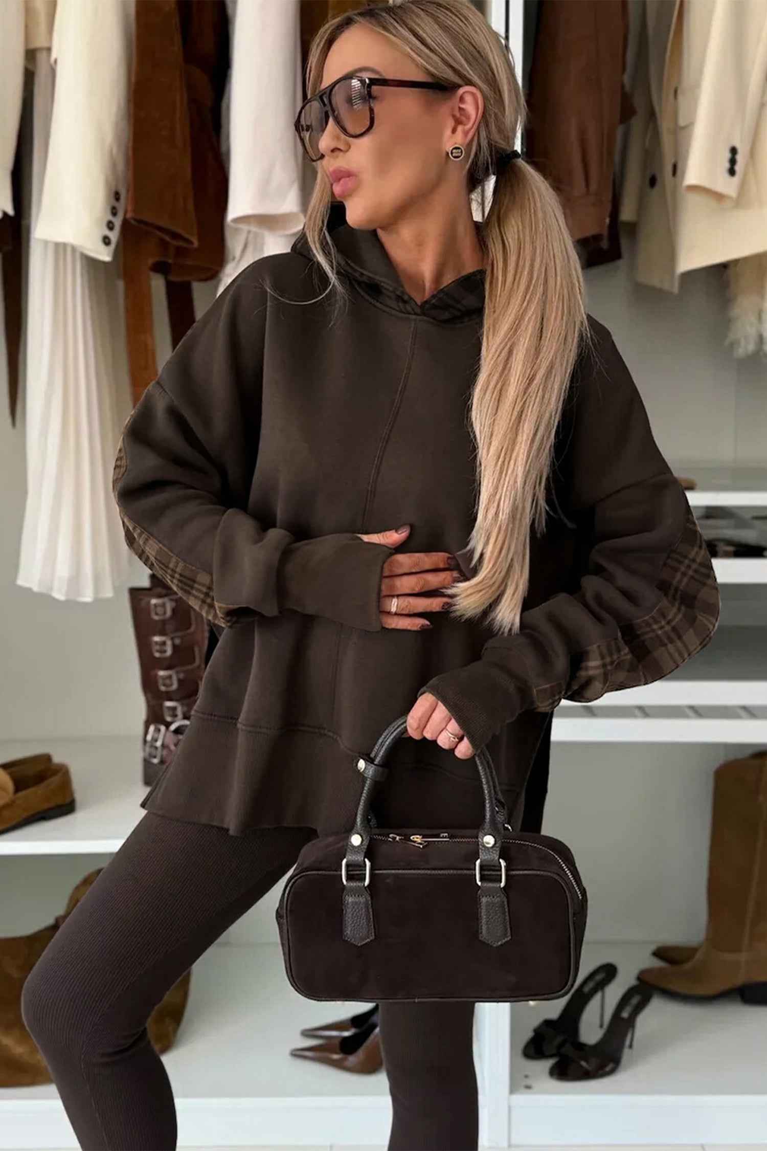 Beige Plaid Patchwork Side Slit Sweatshirt 9e51a686e07f4469