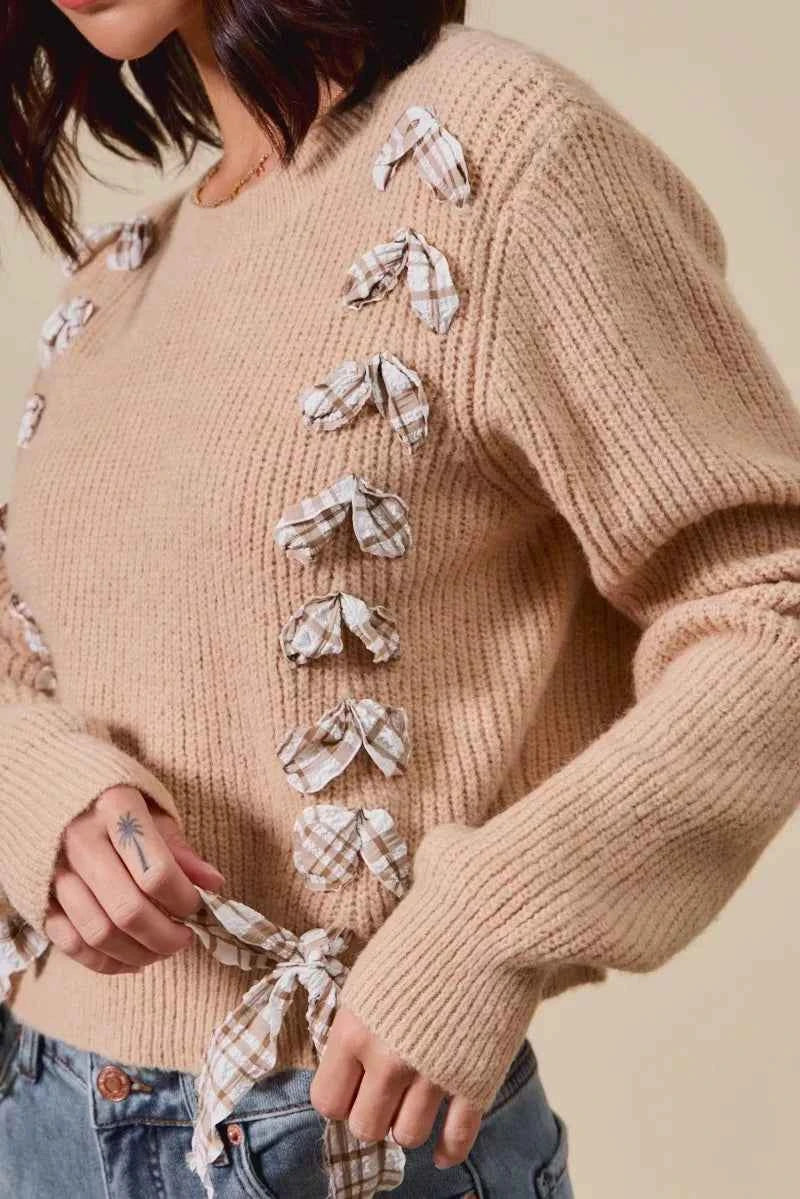 SO ME Checkered Plaid Tape Lace Up Ribbed Sweater 9e551efeb6fd41328d898e1ae0498916-Max-Origin