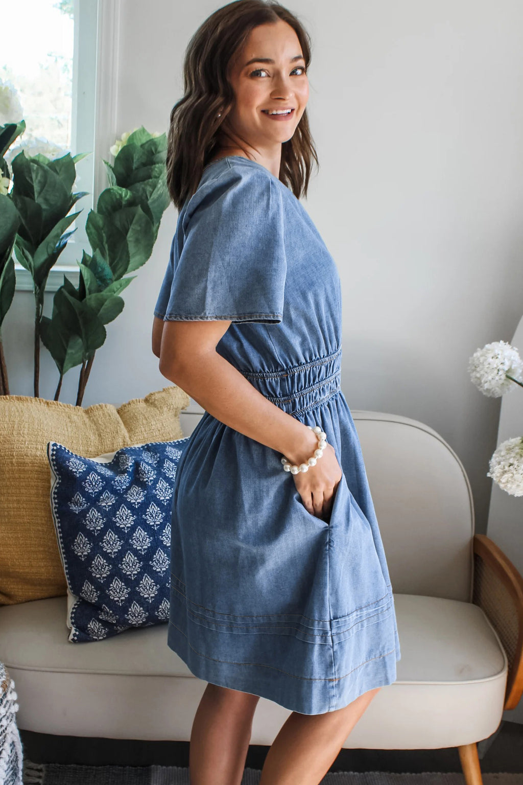 Myosotis Elastic Waist Short Sleeve Denim Mini Dress 9e581f3eedb95623